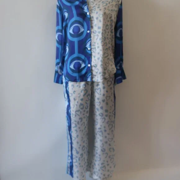 NWT Womens Bululu Magical Blue, White Print Satin Pants M Set - Picture 5 of 10